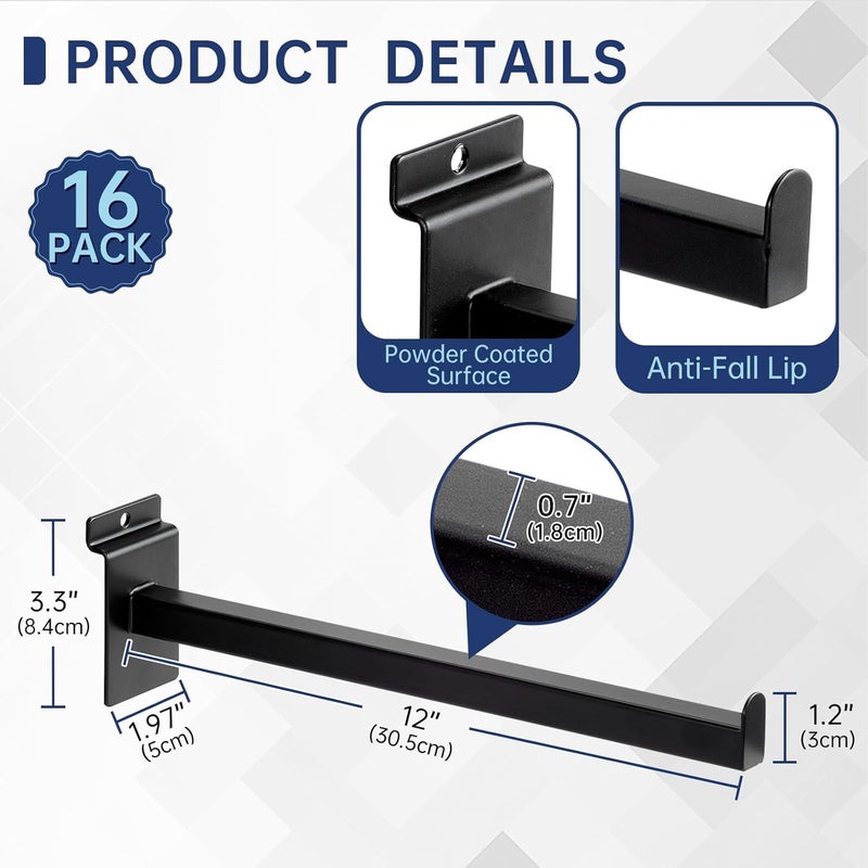 SINCHEEWAY 16 Pack Heavy Duty Tube Slatwall Shelf Brackets, Metal Tubular Slat Wall Brackets with Lip, Slatwall Accessories for Garage, Retail, and Home Storage (12 Inch) - Image 2